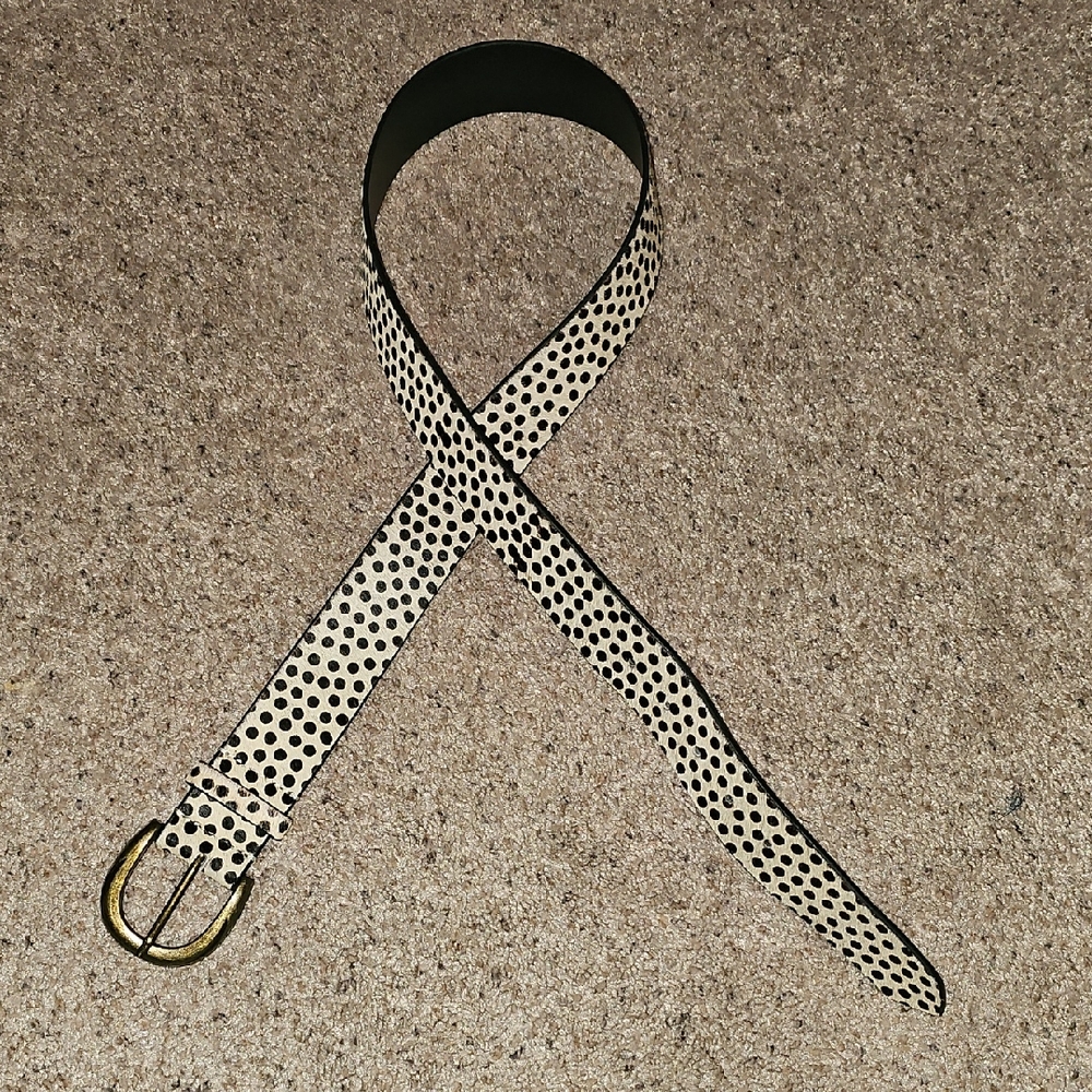 Free People Marcela Cow Hair Black and Cream Polka Dot Belt with Gold Buckle